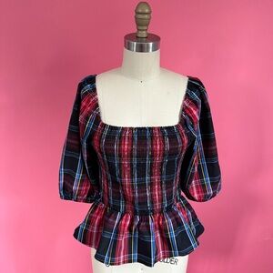 Draper James RSVP Preppy Darling Ruched Plaid Puff Sleeve Blouse XS